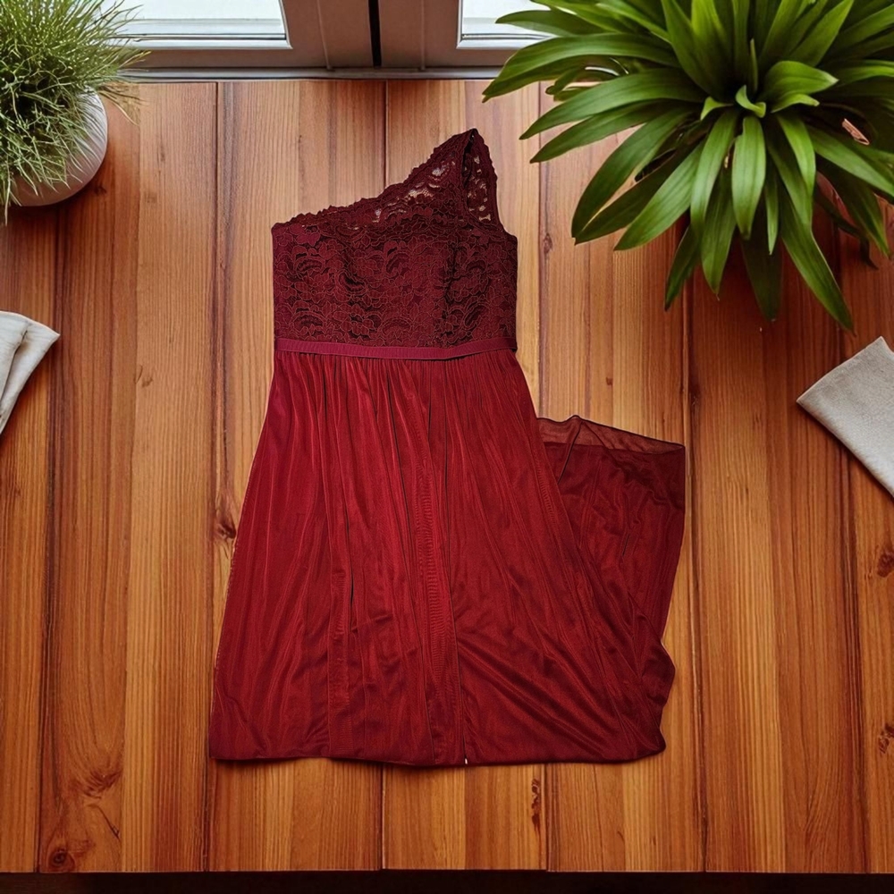 David's Bridal Elegant One-Shoulder Lace Dress in Burgundy